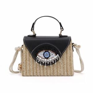 Black & Natural Straw Eye-Embellished Top-Handle Bag